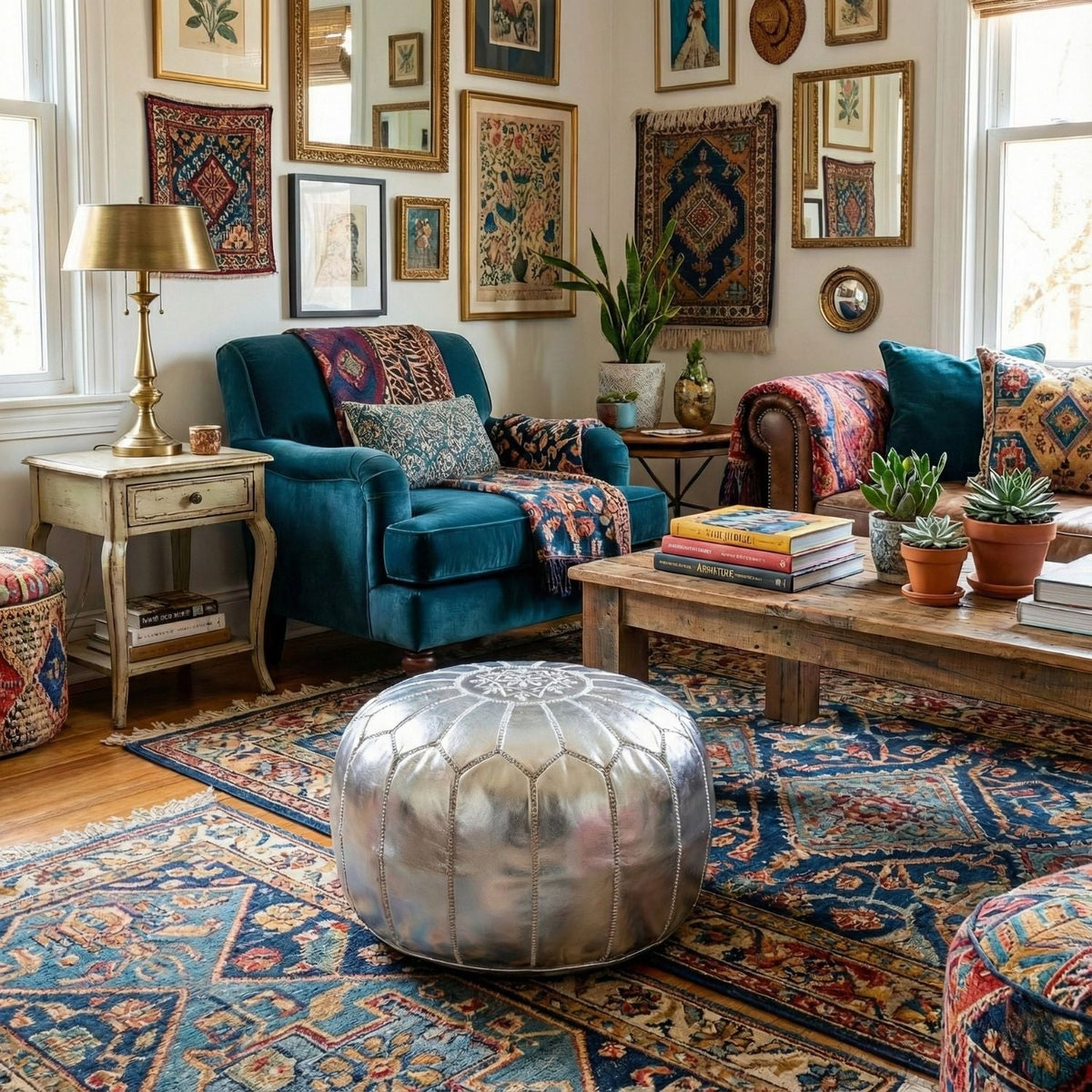 Pouf Marocain Authentique en cuir - Argent