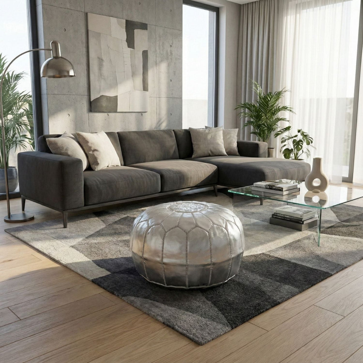 Pouf Marocain Authentique en cuir - Argent