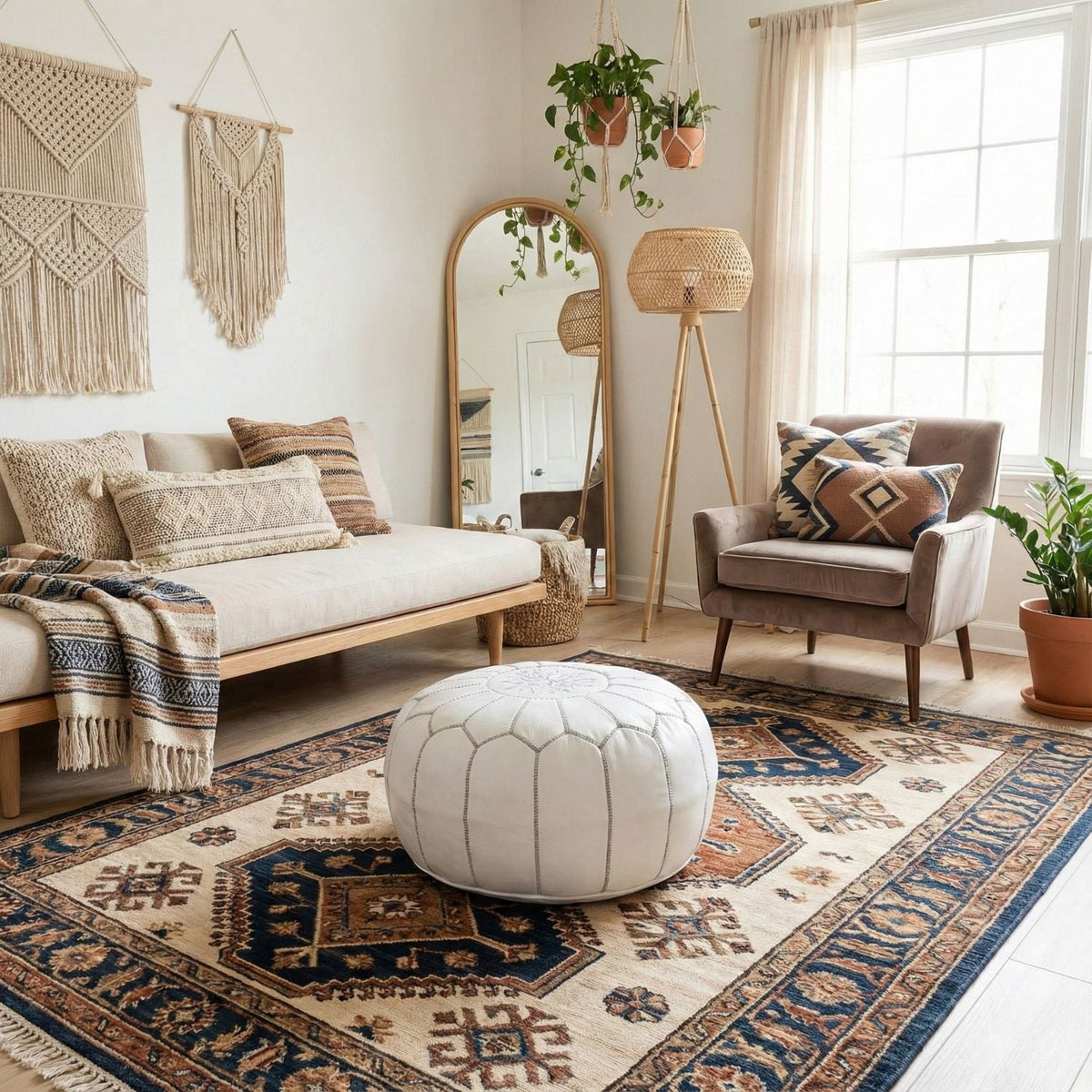 Pouf Marocain Authentique en cuir - Blanc et Gris
