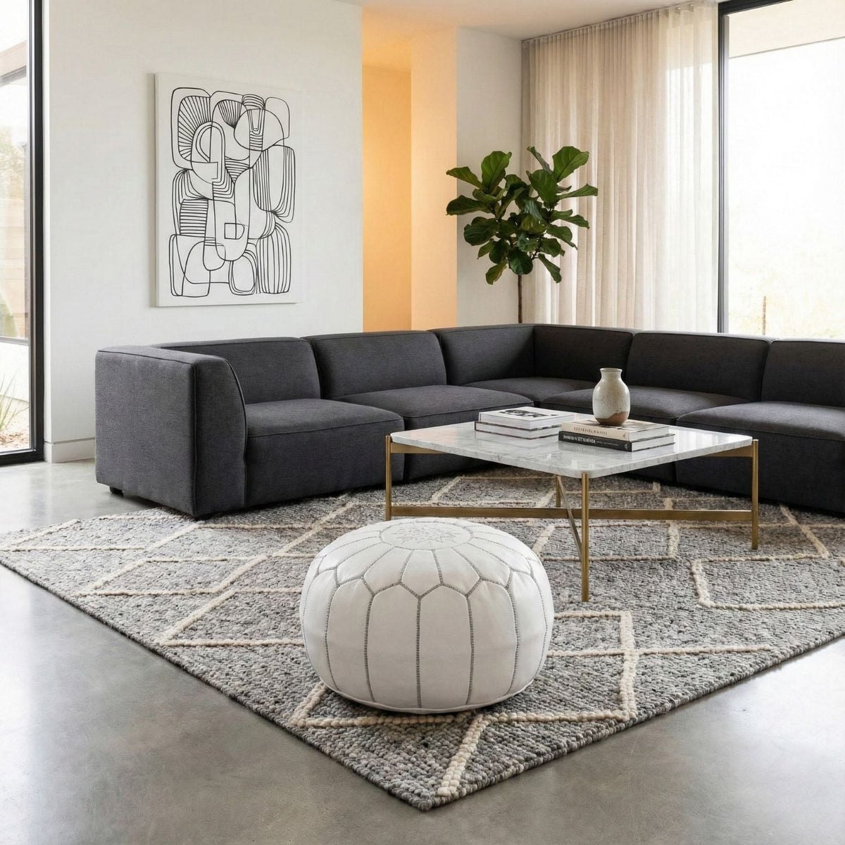 Pouf Marocain Authentique en cuir - Blanc et Gris