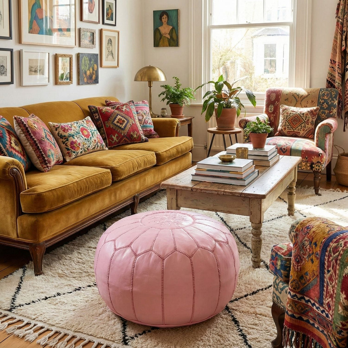 Pouf Marocain Authentique en cuir - Rose