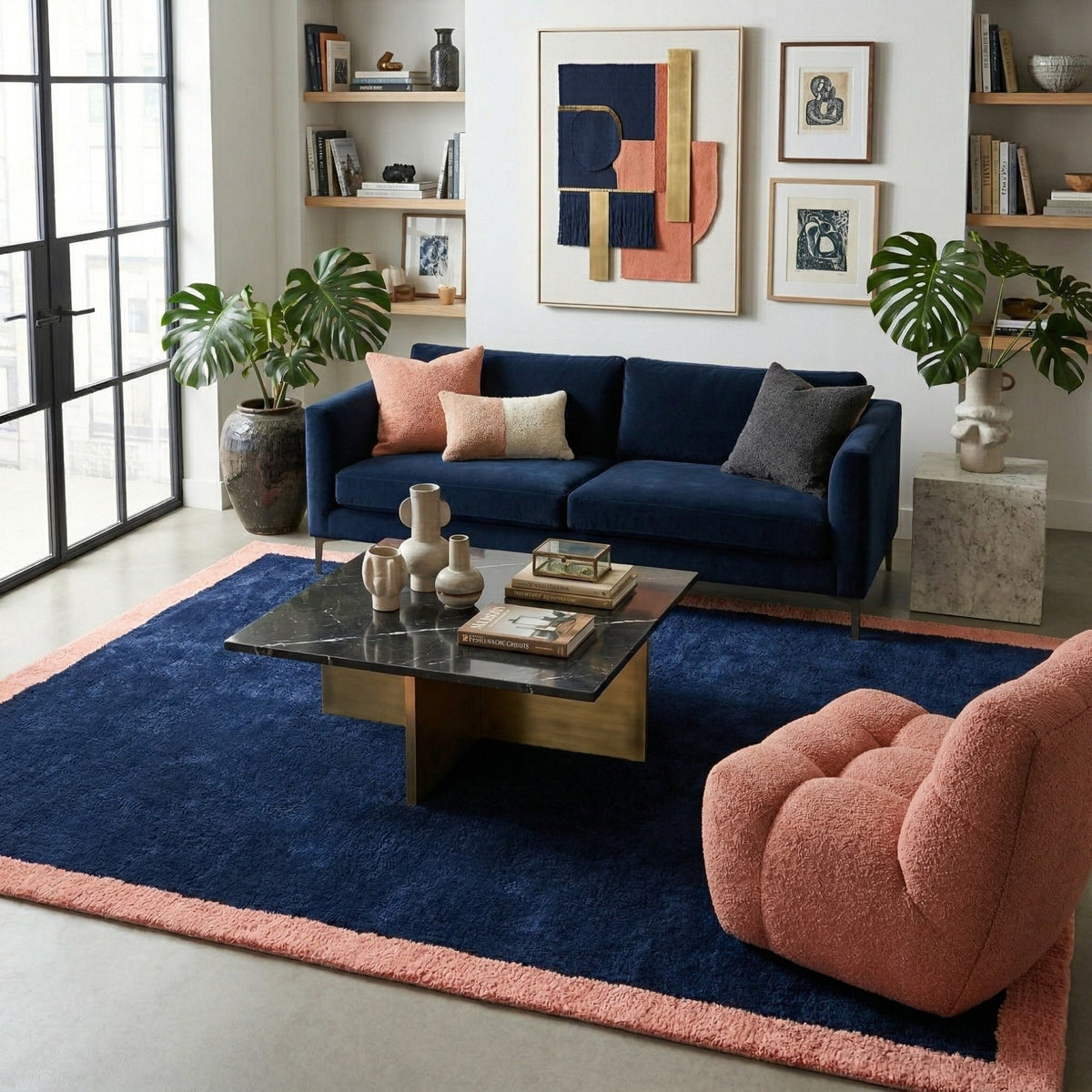 Maraba Bleu Profond Rose - Tapis Berbère shaggy