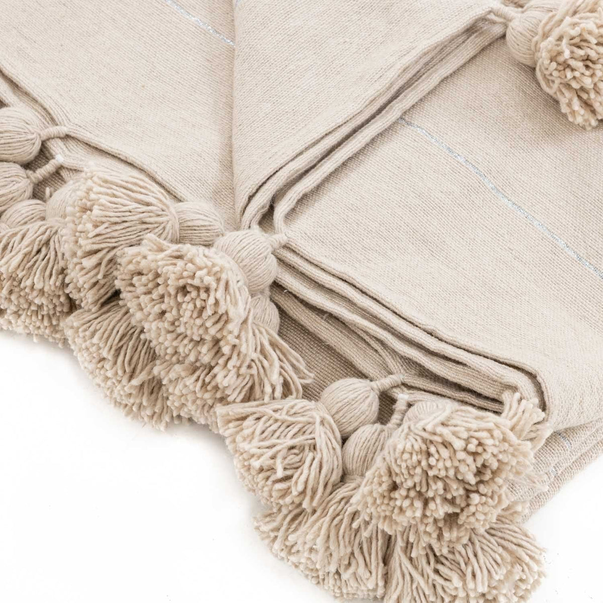 Couverture Pompon Beige et Argent - 290 x 190 cm - Moroccan 