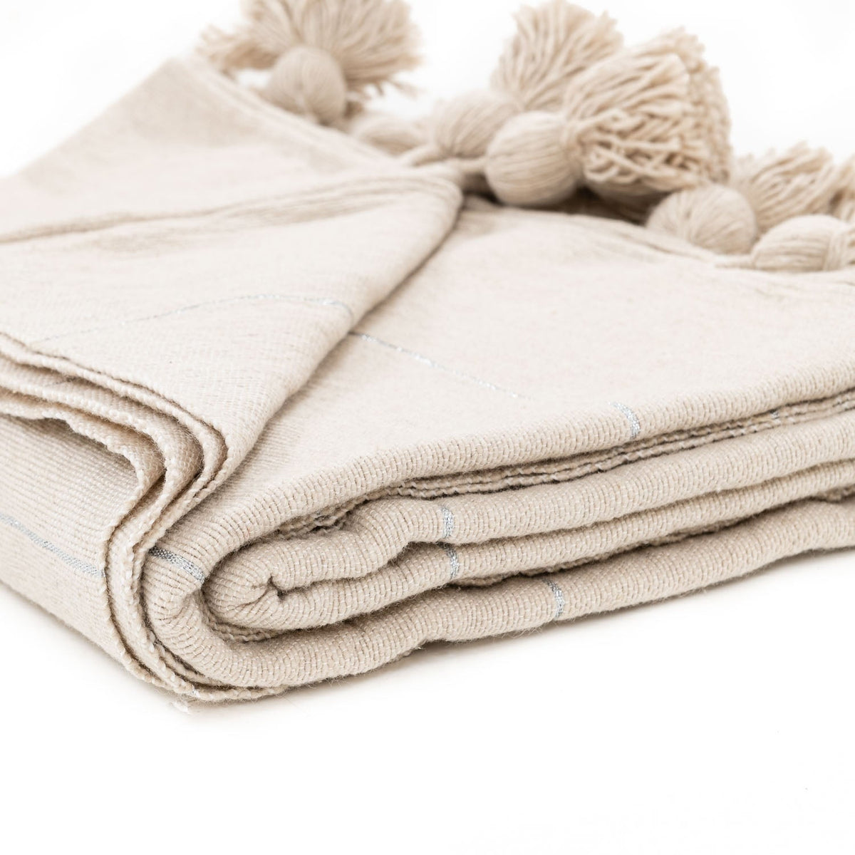 Couverture Pompon Beige et Argent - 290 x 190 cm - Moroccan 