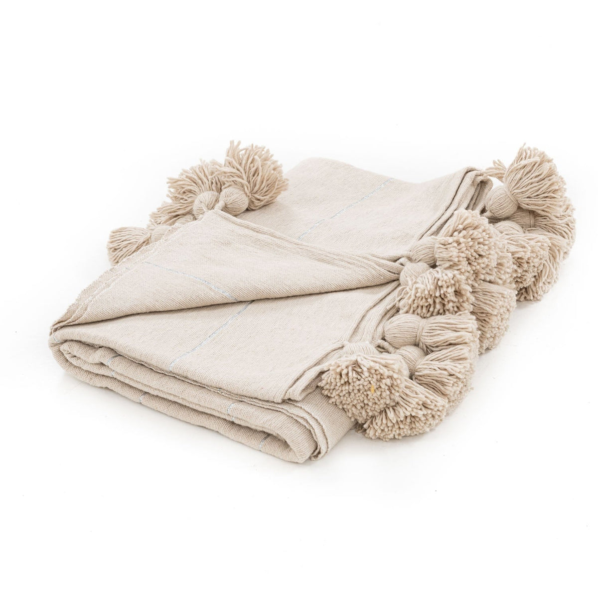 Couverture Pompon Beige et Argent - 290 x 190 cm - Moroccan 