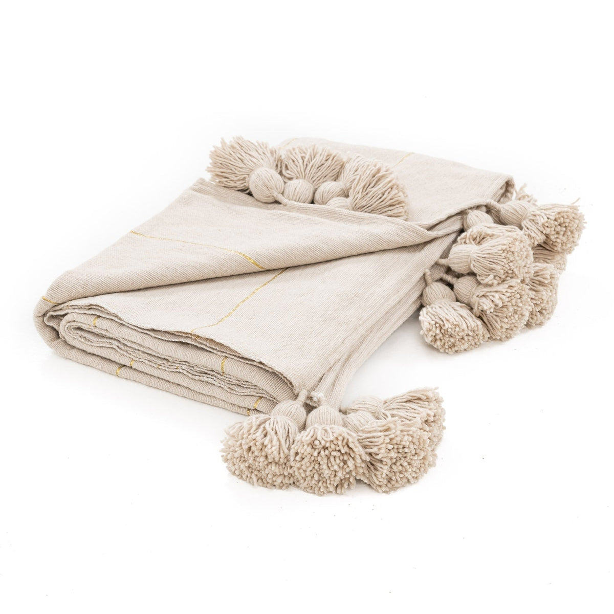 Couverture Pompon Beige et Or - 290 x 190 cm - Moroccan 