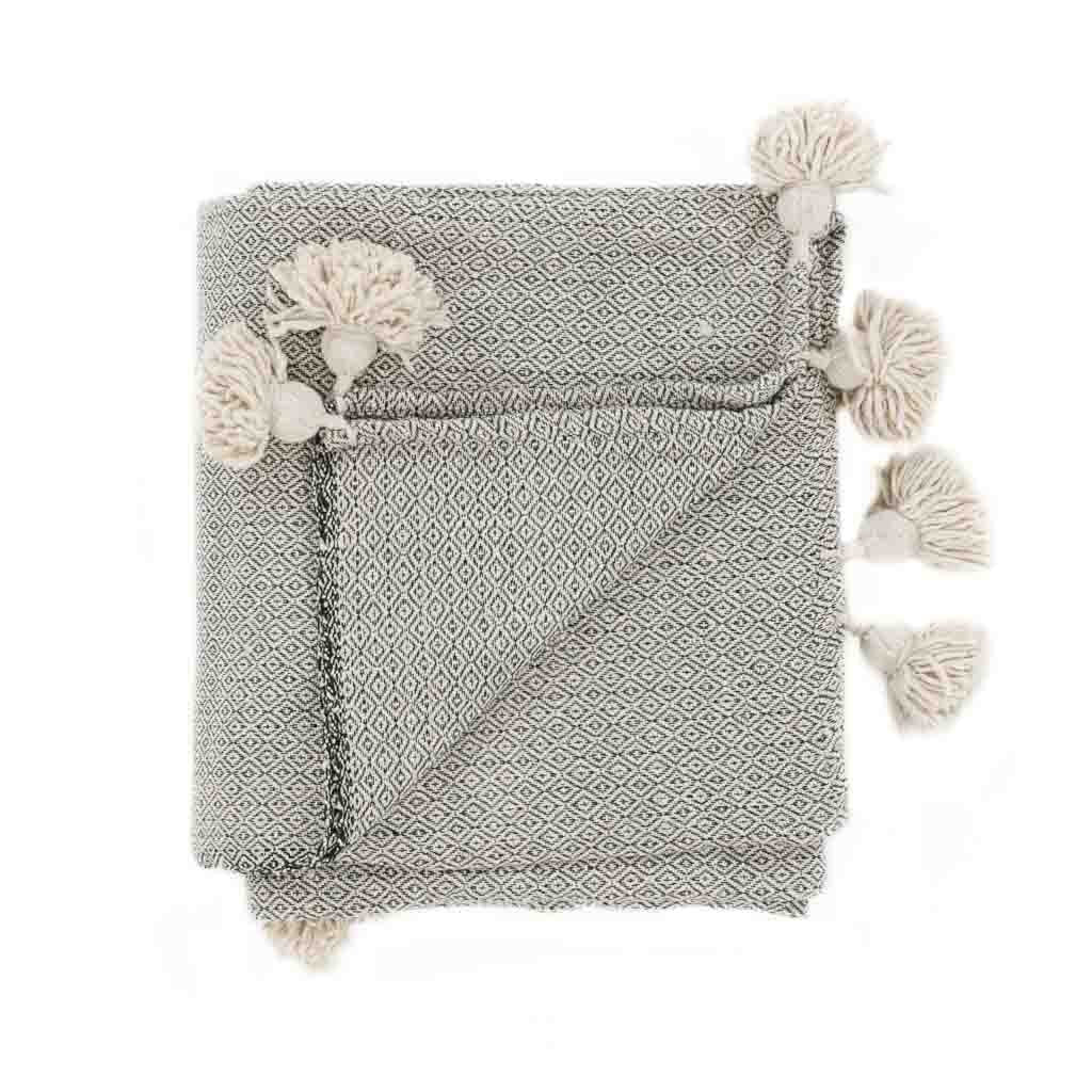 Couverture Pompon Blanc et Gris - 280 x 180 cm - Moroccan 
