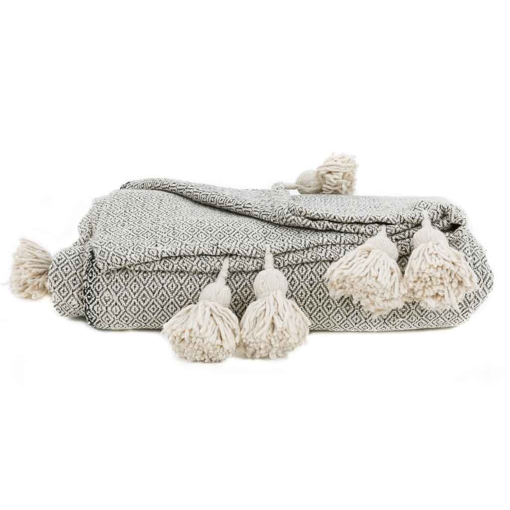 Couverture Pompon Blanc et Gris - 280 x 180 cm - Moroccan 