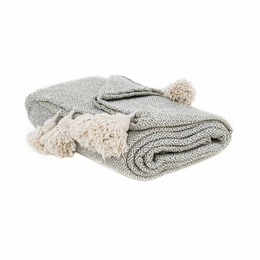 Couverture Pompon Blanc et Gris - 280 x 180 cm - Moroccan 