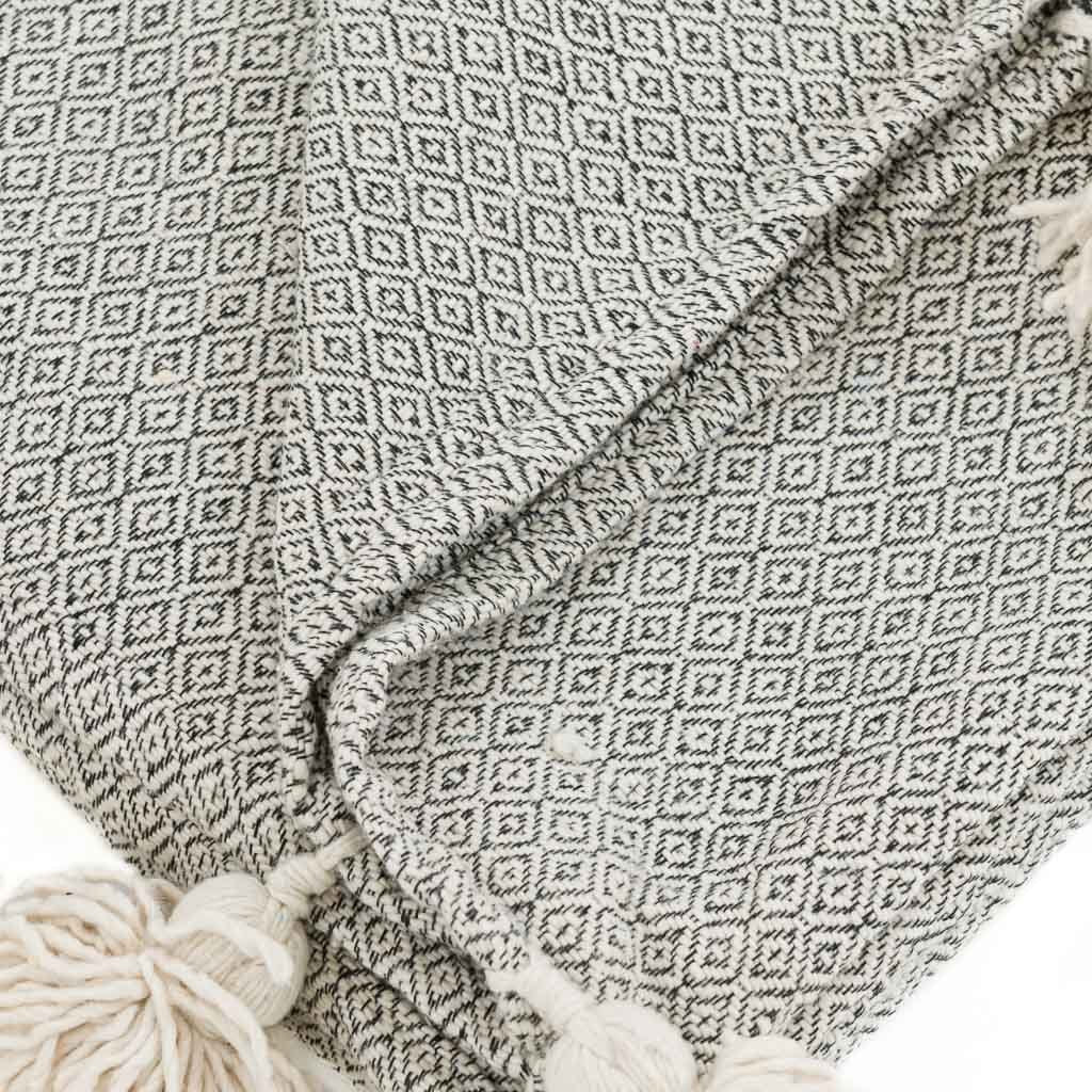 Couverture Pompon Blanc et Gris - 280 x 180 cm - Moroccan 