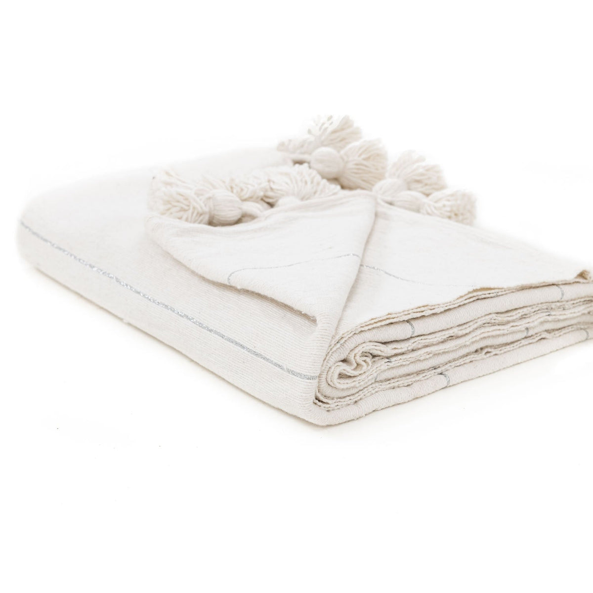 Couverture Pompon Blanche et Argent - Moroccan Furniture