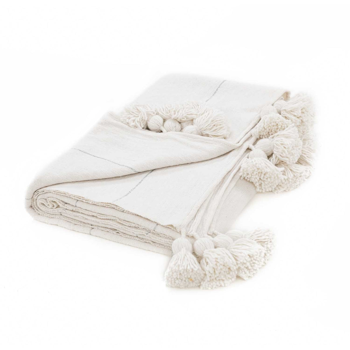Couverture Pompon Blanche et Argent - Moroccan Furniture