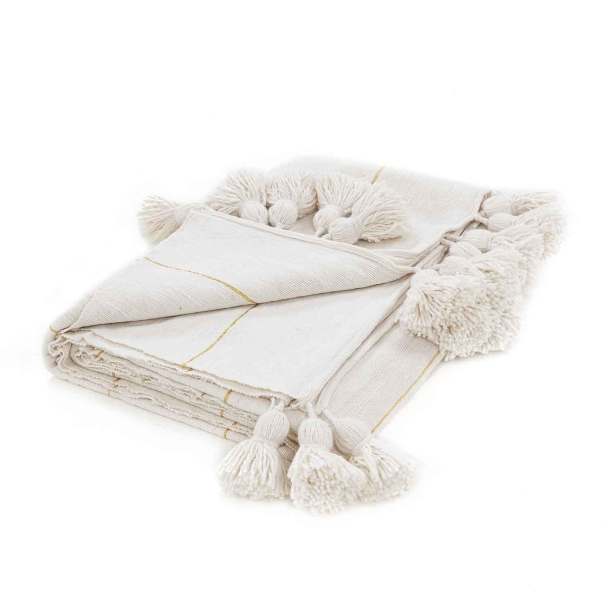 Couverture Pompon Blanche et Or - 290 x 190 cm - Moroccan 