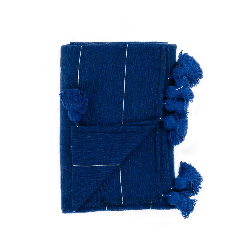 Couverture Pompon Bleu et Argent - Moroccan Furniture
