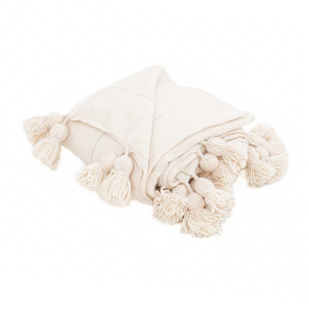 Couverture Pompon en Laine Naturelle et Argent - 290 x 200 -