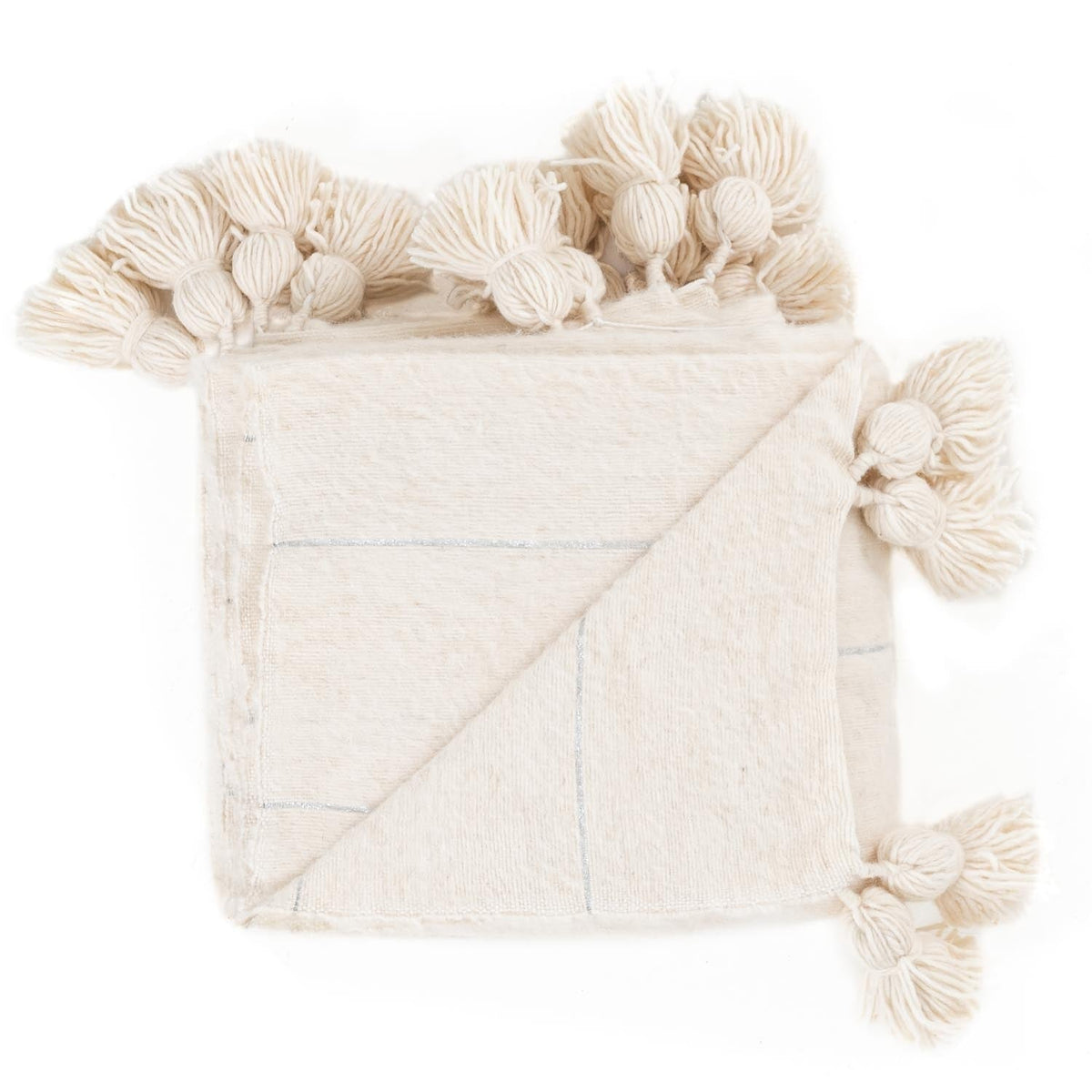 Couverture Pompon en Laine Naturelle et Argent - 290 x 200 -