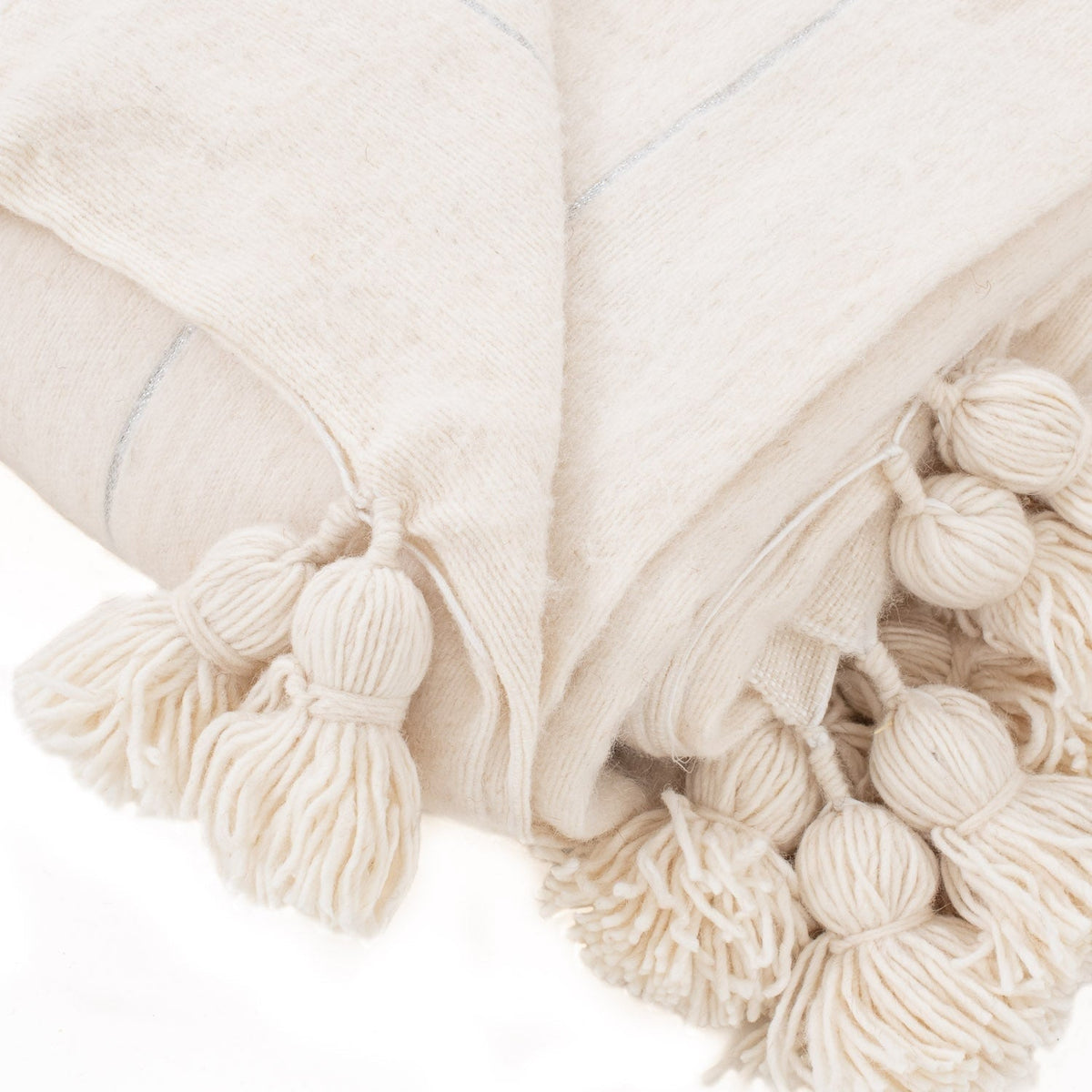 Couverture Pompon en Laine Naturelle et Argent - 290 x 200 -