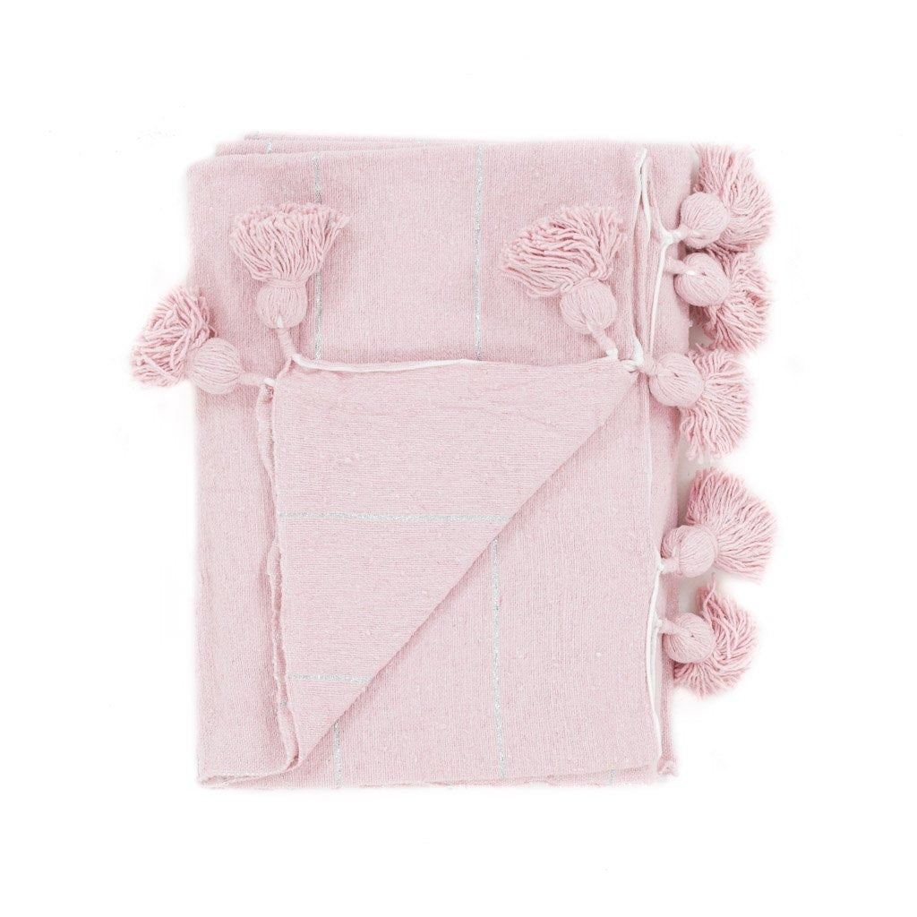 Couverture Pompon Rose et Argent - 280x190 cm - Moroccan 